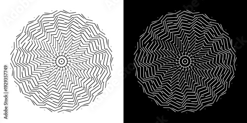 Abstract background with abstract line pattern in circles. Spiral art design as a logo or icon. A black figure on a white background and the same white figure on a black side. Mandala design with line
