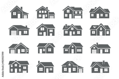 A set of black house icons and home vector silhouettes featuring various building roof and window designs for real estate architecture and urban construction element illustrations