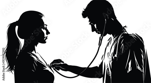 Medical Doctor Examining Female Patient with Stethoscope Silhouette Vector Illustration for Healthcare Clinic Hospital Services Wellness Checkup and Professional Medicine Concept