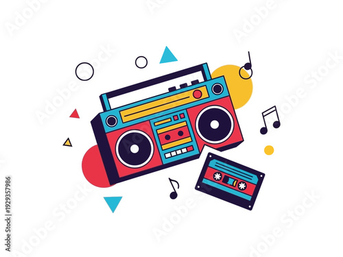 Retro Boombox and Cassette Tape Illustration.