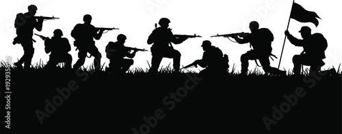 Military soldier silhouette vector illustration showing tactical combat poses with rifles and flag on grassy terrain, symbolizing warfare, teamwork, patriotism.