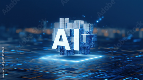 An abstract futuristic digital technology background features the text AI in blue and white with building block shapes floating in the air.