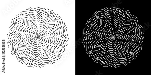 Abstract background with abstract line pattern in circles. Spiral art design as a logo or icon. A black figure on a white background and the same white figure on a black side. Mandala design with line
