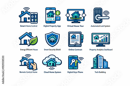 Set of smart home and digital property management icons showing security, remote control, virtual tours, energy efficiency, contracts, and analytics