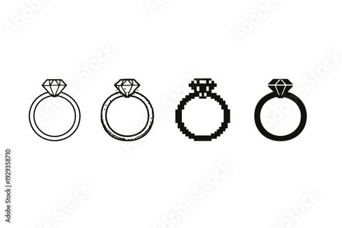 Set of four engagement ring icons in varied styles including outline, textured, pixelated, and solid silhouettes with diamond settings on white background