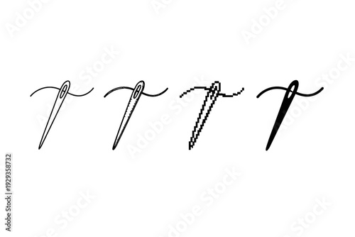 Minimal black sewing needle and thread icons showing stitched line variations from outline to pixelated and bold silhouette, isolated on white background