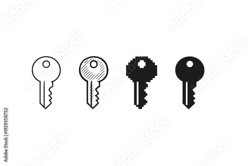 Four key icons in varied styles, from outlined and hatched line art to pixelated and solid silhouettes, illustrating design variations on a white background