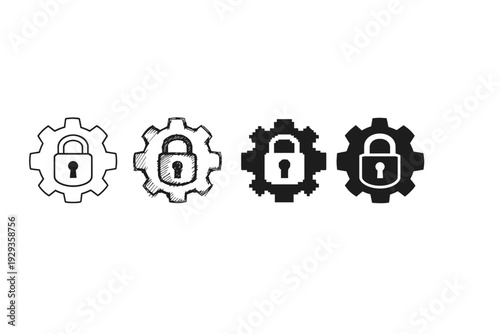 Four gear-and-padlock security icons in varying line styles, illustrating cybersecurity settings, encryption, access control, and privacy protection