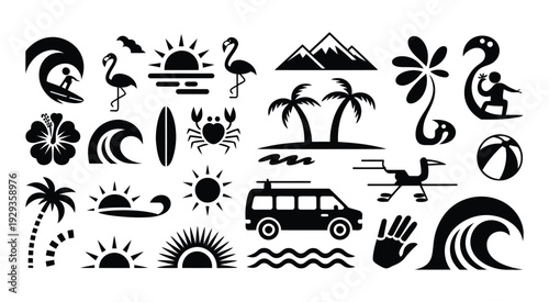 Tropical Beach and Surf Vector Set with Palm Trees, Waves, Surfboards, Van and Flamingos, Bold Black Silhouette Ocean Elements for T Shirt Design and Summer Branding
