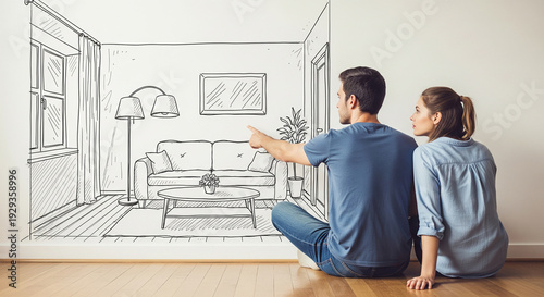 Couple sitting on the floor pointing at drawn interior design perfect for home renovation future planning and real estate