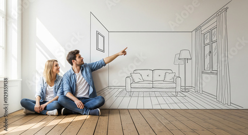 Couple envisioning their future home with sketched furniture on the wall perfect for real estate investment and renovation