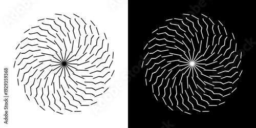 Abstract background with abstract line pattern in circles. Spiral art design as a logo or icon. A black figure on a white background and the same white figure on a black side. Mandala design with line