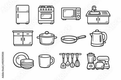 Minimal line icon set of kitchen appliances and cookware including refrigerator, stove, microwave, sink, cabinets, pots, pans, dishes, and utensils