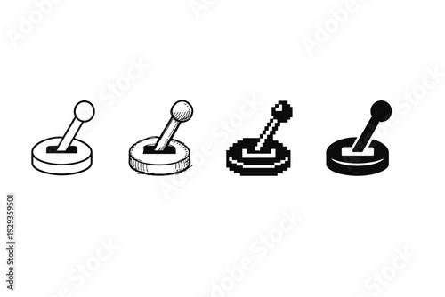 Row of four joystick game controller icons in different graphic styles, from line art to shaded and pixelated silhouettes on a white background