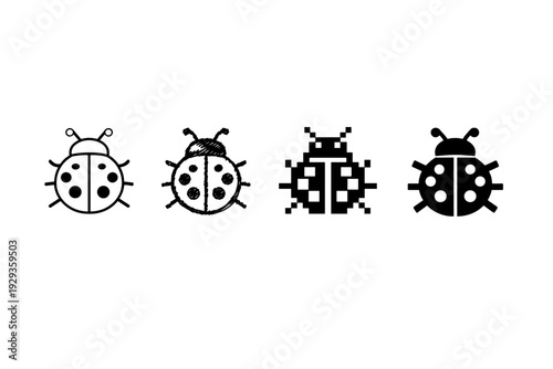 Four stylized ladybug icons in different design styles, from outlined cartoon to shaded illustration, pixel art, and bold silhouette on white