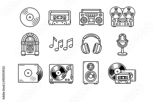 Minimal line icon set of vintage audio equipment including vinyl record, cassette tape, boombox, reel-to-reel, jukebox, headphones, microphone