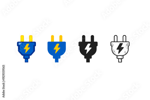 Set of four electric plug icons with lightning bolt symbol, showing colorful, solid, black silhouette, and sketch outline styles on white background