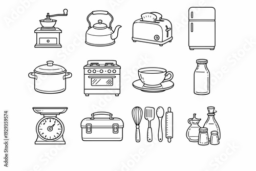 Collection of hand-drawn kitchen appliance and utensil icons including kettle, toaster, refrigerator, stove, cookware, scale, cutlery, and condiments