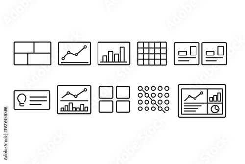 Minimal line icon set of analytics dashboard elements with charts, grids, cards, and infographic widgets for business reporting interfaces