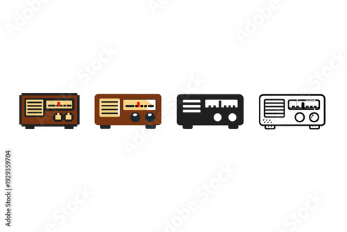 Row of four vintage radio icon variations showing retro tabletop receivers with dials, buttons, speakers, and tuning displays in flat vector style