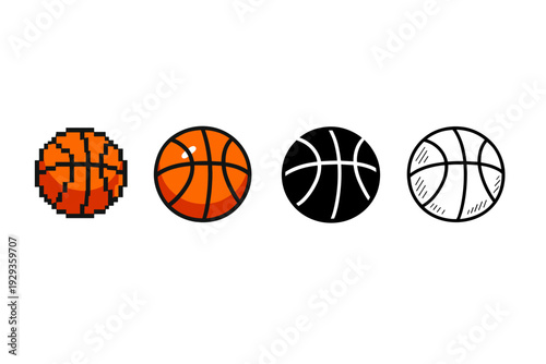 Row of four basketball icons in different styles, from pixelated orange ball to flat orange, black silhouette, and white outline vector illustration