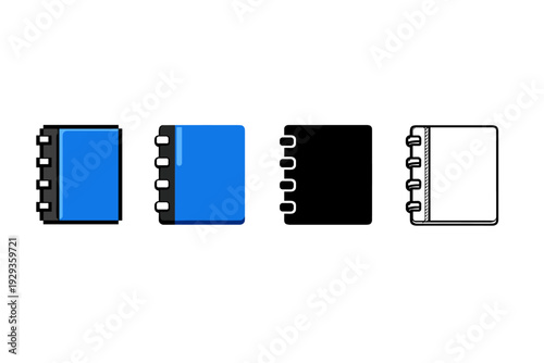 Set of four stylized notebook icons with ring binding in blue, black, and outline variations, isolated on white background in minimal vector style