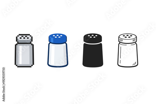 Set of four salt and pepper shaker icons in different styles, including pixel art, outlined, solid silhouette, and minimal cartoon design
