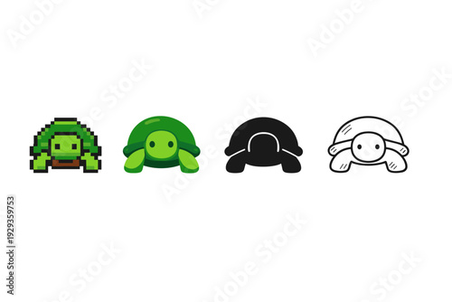 Four stylized turtle icons in different design styles, from pixelated green sprite to smooth green, black silhouette, and outlined white cartoon on white background