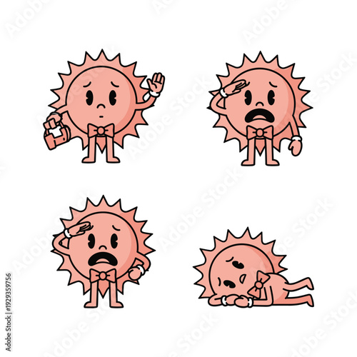 Cartoon sun characters showing different emotions and sickness on white background