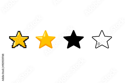 Row of four star icons in different styles showing pixelated, glossy gold, solid black, and outlined rating symbols isolated on white background