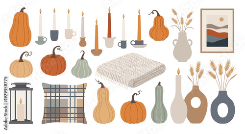 Assorted autumnal home decor elements including pumpkins and vases.