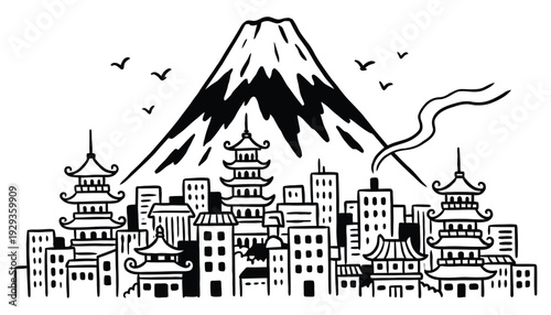 Japan Cityscape Mount Fuji Vector Art