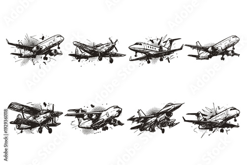 Airplane Mid-Flight Landing Gear Deployed Isolated Halftone Vintage Dots Texture Cut-Out Retro Collage Mixed Media