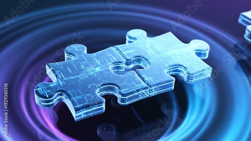 Two translucent puzzle pieces fit together on rippling blue background, symbolizing partnership and unity