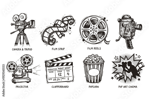 Movie Magic Set Concept Pop Art Collage Classic Film Camera Tripod Strip Film Reels Projector Clapperboard Popcorn Retro