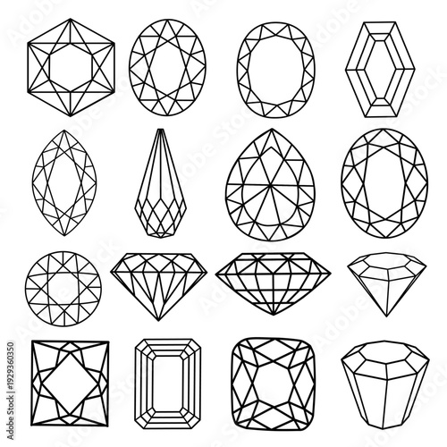 Geometric faceted gemstones in line art style in black and white colors for jewelry design and illustration