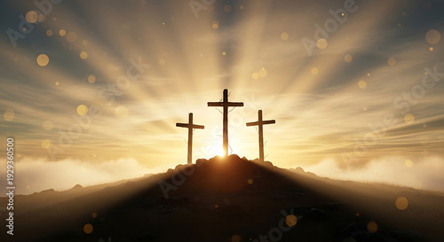 Calvary scene with three crosses and bright morning light