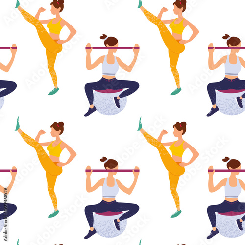 Seamless sports pattern with symbols of fitness and yoga, running. Decor textile wrapping paper. Vector seamless texture