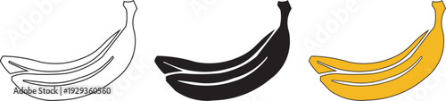 Illustrations of three bananas in different styles: Outline, solid black, and color