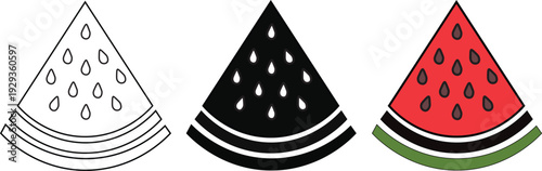 Three illustrative slices of watermelon presented in different styles: outline, black, and colored