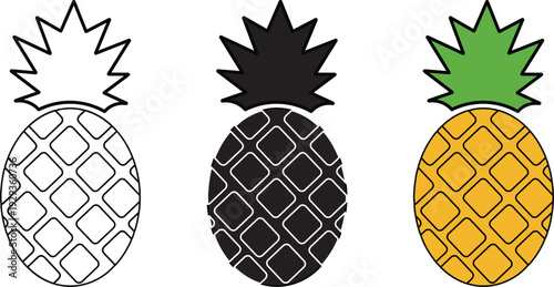 Three stylized pineapple illustrations in different colors and outlines, perfect for design usage