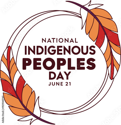 National Indigenous Peoples Day Graphic with Stylized Feathers in Earthy Tones and Bold Typography.