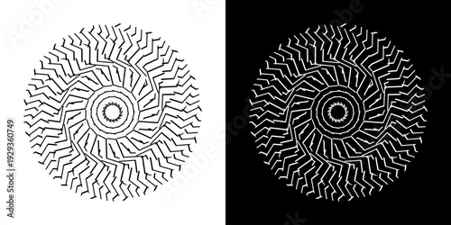 Abstract background with abstract line pattern in circles. Spiral art design as a logo or icon. A black figure on a white background and the same white figure on a black side. Mandala design with line