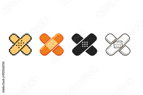 Row of four crossed adhesive bandage icons in varied styles and colors on a clean white background, illustrating medical first-aid patch designs