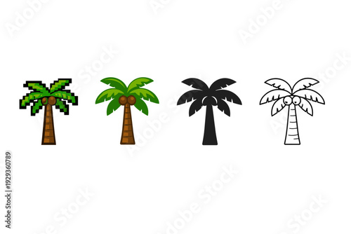 Four palm tree icon styles set showing pixel art, colored cartoon, black silhouette, and outline line drawing variations on white background