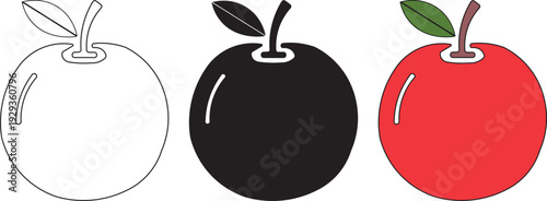 A set of three stylized apple illustrations, each with a unique design and color. One is a detailed outline, the second a solid black, and the third a vibrant red with a green leaf