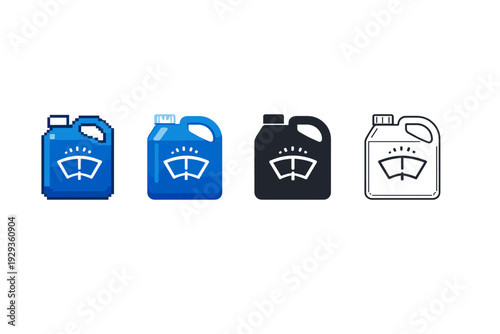 Set of four windshield washer fluid container icons in pixel, glossy, solid, and outline styles, showing automotive maintenance symbols on white background