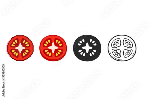 Set of tomato slice icons in pixel art, colorful vector, solid silhouette and outline styles, isolated on white background for food design