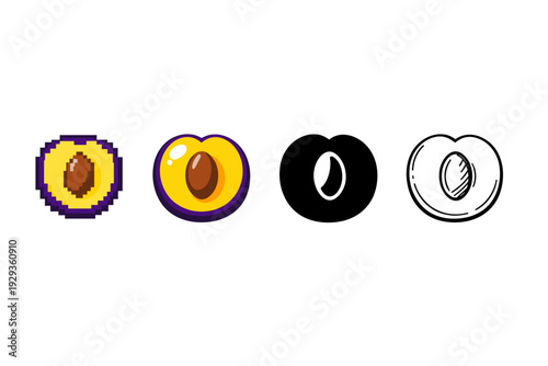 Set of four stylized stone-fruit icons showing halved peaches with pits in pixel, glossy, silhouette, and outline styles on a white background