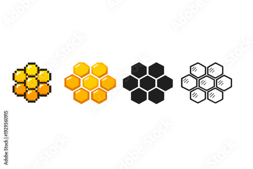 Four honeycomb icon variations in pixel, glossy, solid, and outlined styles, featuring hexagon cells arranged in a clustered geometric pattern